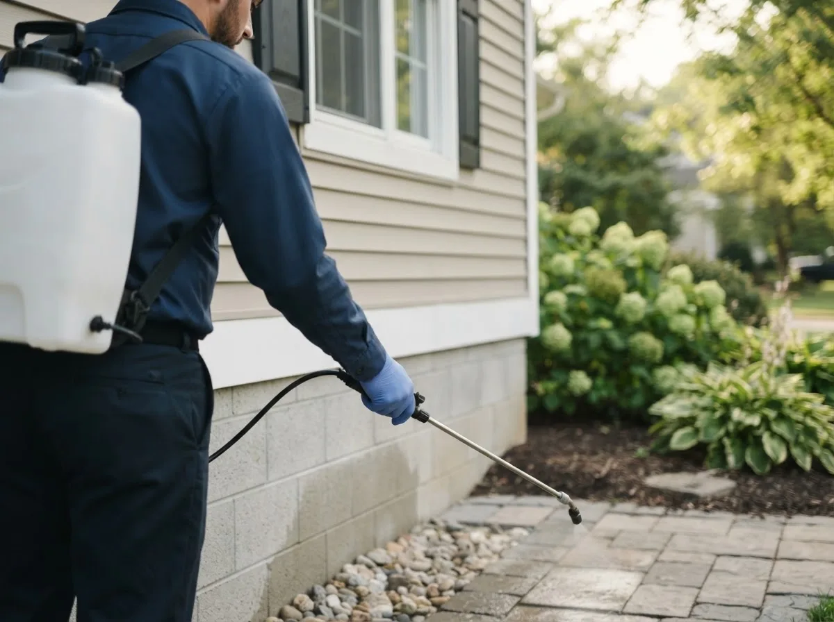 Pest control technician inspecting a home in Masonville, NY